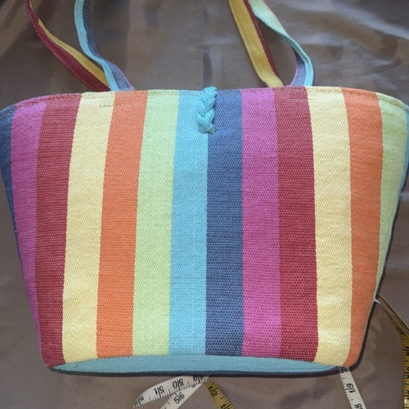 Colorful Rainbow Candy Stripe Bucket Tote Bag Woven Cotton Wood Button Accent - Picture 10 of 11